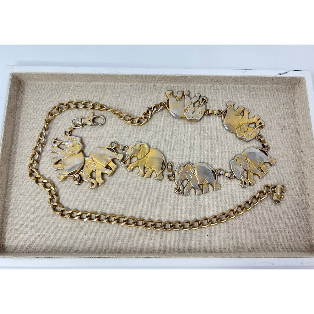 Vintage Gold Tone Elephant Link Chain Belt Gold Silver Mixed Metal Animal Motif